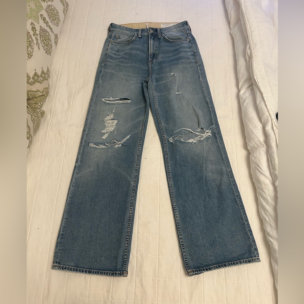 Logan Distressed High Rise Wide Leg Jeans in Vandam